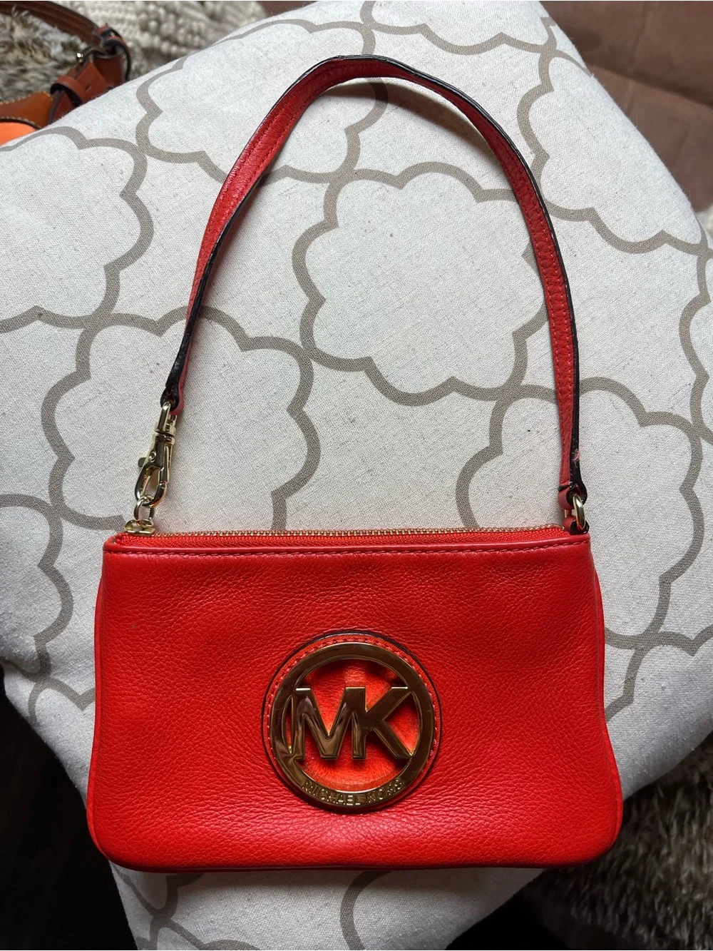 Michael Kors Orange-Red Pebbled Leather Mini Shoulder Bag with Gold MK Logo
